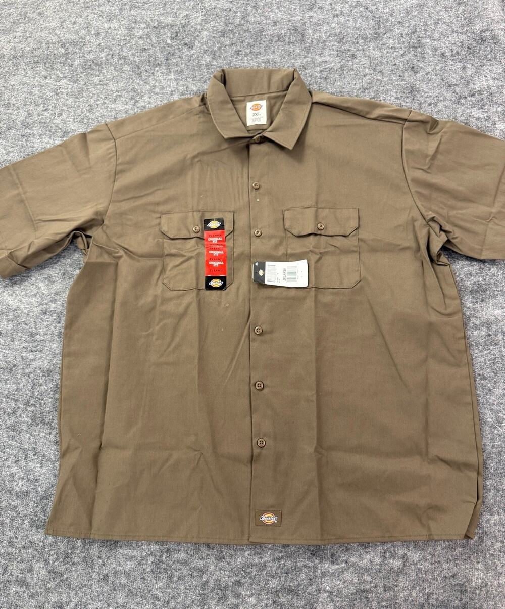 Dickies Work Shirt Mens 2XL Brown Flex Short Sleeve Twill Slim Fit Utility N67